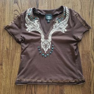 Laura Ashley brown and turquoise adorned blouse